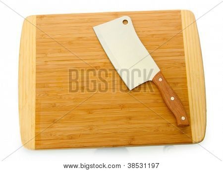 mannaia di carne sul tagliere isolata on white