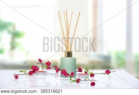 Air Freshener,liquid Home Fragrance In Aroma Sticks  On Table Decorated With Flowers.house Scent,aro