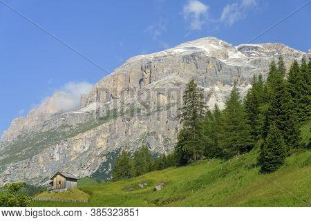 Mountain Landscape At Summer Along The Road To Campolongo Pass, Dolomites, Belluno Province, Veneto,
