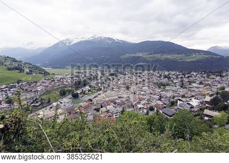 Bormio, Italy - May 30, 2020: View Of Bormio Town Landscape