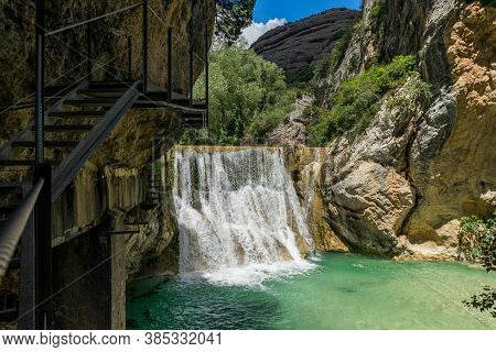 Waterfall And Footpath In Vero River Canyon In Alquezar, Spain