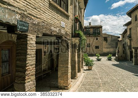 Alquezar, Spain - June 17, 2020: Main Square (plaza Mayor) Of Alquezar, With Typical Rural Houses, A