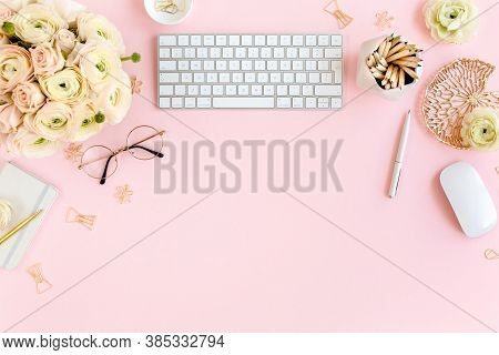Stylized, Pink Womens Home Office Desk. Workspace With Computer, Bouquet Ranunculus And Roses, Clipb