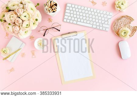 Stylized, Pink Womens Home Office Desk. Workspace With Computer, Bouquet Ranunculus And Roses, Clipb