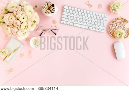Stylized, Pink Womens Home Office Desk. Workspace With Computer, Bouquet Ranunculus And Roses, Clipb