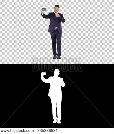 Handsome Man In Suit Taking A Selfie While Walking, Alpha Channe