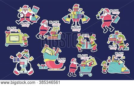 Isolated Set Group Of Santa Clauss Shop Black Friday Figure - Vector