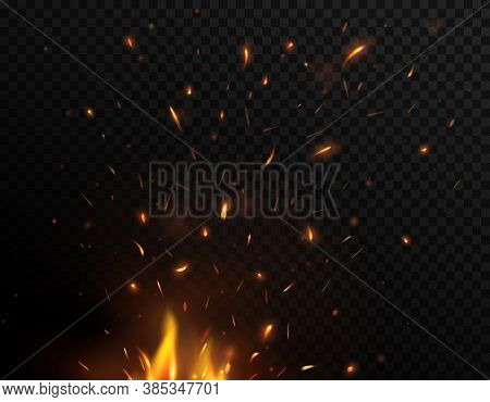 Fire Sparks Flying Up, Vector Bonfire Burning Glowing Yellow And Orange Particles. Firestorm, Balefi