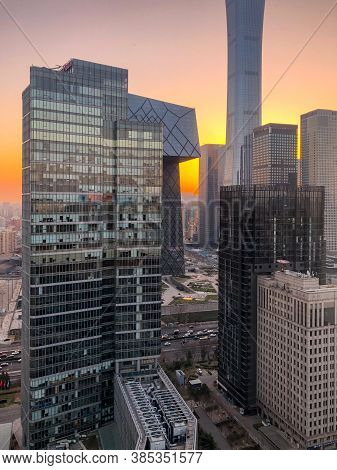 Towers In Central Business District Of Beijing With Citic Tower Super Tall Skyscraper On Background 