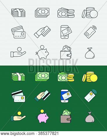 Set Of Vector Linear And Color Finance Icons. Banking.