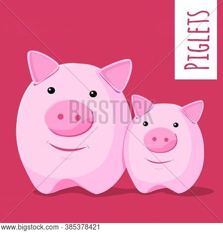 Vector Illustration. Two Funny Pink, Funny Pigs.