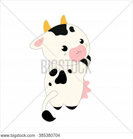 Cute Vector Cow On An Isolated White Background. A Kawaii Style Cartoon Character. Sweet Zoo Of Wild
