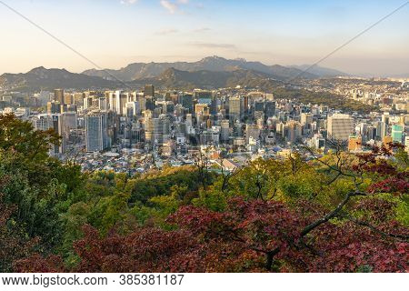 Seoul, South Koera - Oct 30, 2019: View Of Seoul At Sunset From The Top Of Namsan