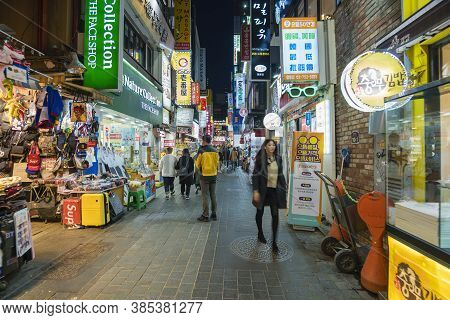 Seoul, South Koera - Oct 29, 2019: Walking Along Myeongdong Shopping District In Seoul