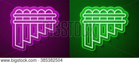 Glowing Neon Line Pan Flute Icon Isolated On Purple And Green Background. Traditional Peruvian Music