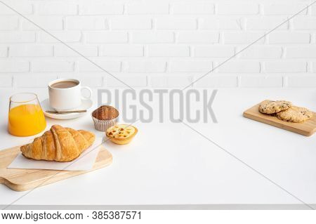 Set Of Breakfast Food Or Bakery And Coffee On Table Kitchen Background.cooking And Eating With Healt