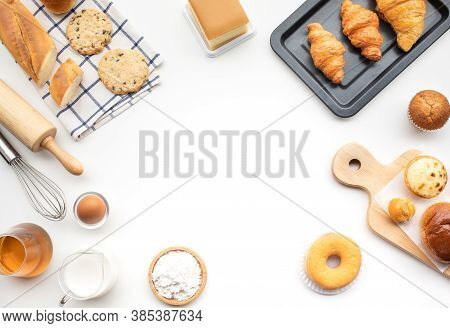 Set Of Breakfast Food Or Bakery,cake On Table Background.cooking And Eating With Healthy Lifestyle.t