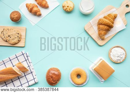Set Of Breakfast Food Or Bakery,cake On Table Background.cooking And Eating With Healthy Lifestyle.t