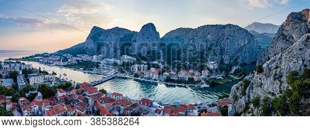 Big Panorama Evening Omis Town And Cetina Canyon (from Mirabella). Croatia, Europe.