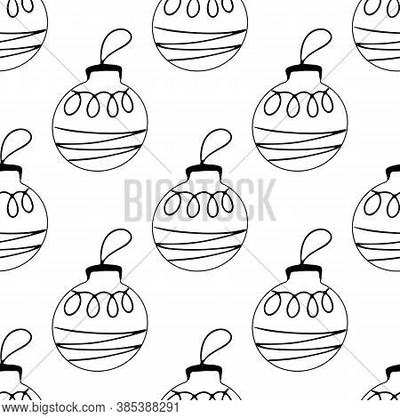 Seamless Pattern Made Frome Hand Drawn Christmas Tree Balls With Doodle Elements. Isolated On White 