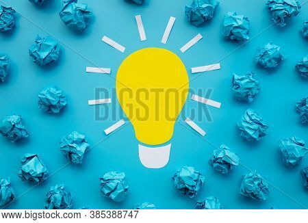 Outstanding Idea And Creativity Concepts With Light Bulb And Paper Crumpled Ball.think Out Of Box.bu