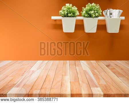 Wood Table Top On Blur Kitchen Counter (room)background.for Montage Product Display Or Design Key Vi