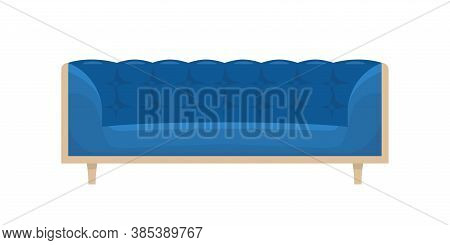 Comfortable Blue Sofa With Armrests And Wooden Decor Vector Flat Illustration. Cartoon Furniture Wit
