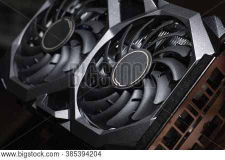 Video Card With Two Coolers On Dark Background. Concept Computer Harware