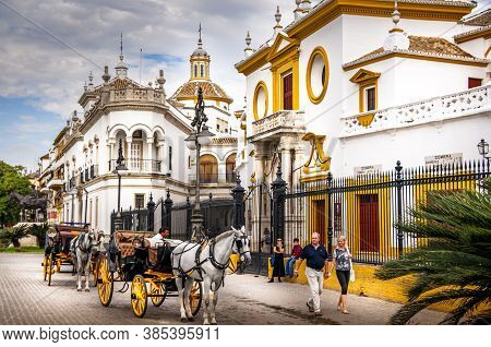 Seville, Spain - March Circa, 2020. Plaza De Toros De La Maestranza, From The Steet, Outside, At Sev