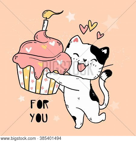 Cute Doodle Happy Smile White Cat Hold Pink Muffin With Birthday Candle, Idea For Sublimation, Greet