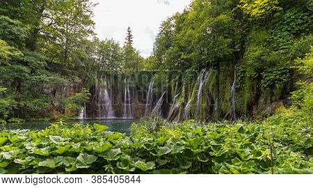Falling Water Streams. In The Foreground Algae. Galovac,plitvice Lakes, Croatia.