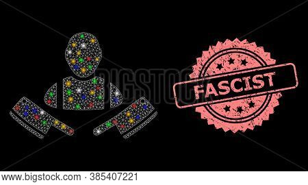 Glowing Mesh Network Butcher Man With Glowing Spots, And Fascist Scratched Rosette Stamp. Illuminate
