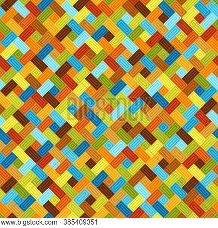 Geometric Universal Graphic Symmetric Seamless Pattern Of Blue, Brown, Green, Orange, Yellow Tetrago