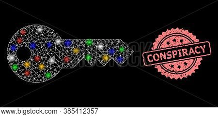 Glowing Mesh Network Key With Bright Dots, And Conspiracy Scratched Rosette Watermark. Illuminated V