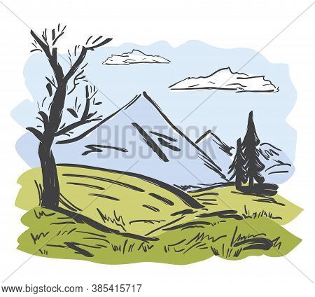 Vector Illustration: Hand Drawn Landscape With Mountains, Pine And Dry Tree In The Foreground. Color