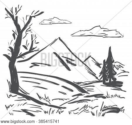 Vector Illustration: Hand Drawn Landscape With Mountains, Pine And Dry Tree In The Foreground. Sketc