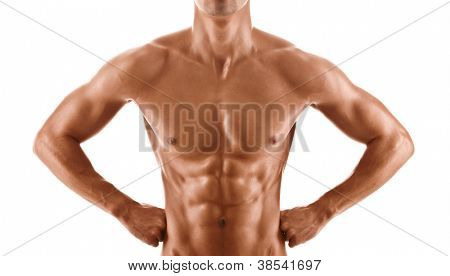 Sexy body of 	nude muscular athletic boy, isolated on white