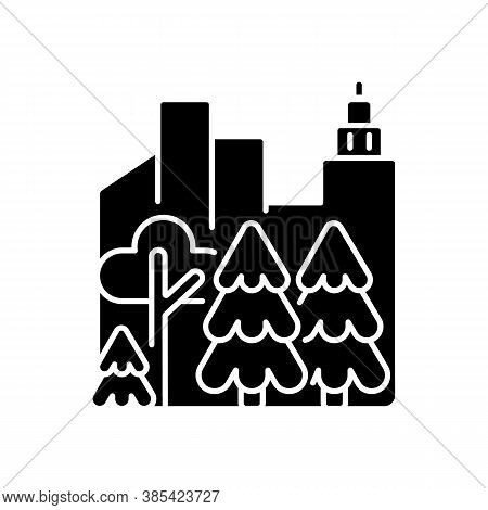 Urban Forest Black Glyph Icon. Public City Park. Tree Grow In Town District. Eco Friendly Location. 
