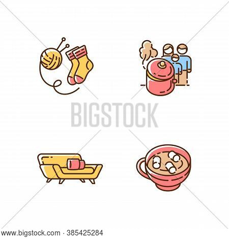 Hyggelig Time Rgb Color Icons Set. Hand Knitted Socks. Hobby. Home Cooking. Homemade Food. Winter Ho