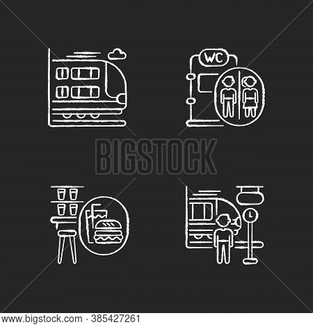 Railway Services Chalk White Icons Set On Black Background. Bilevel Rail Car, Snack Bar, Onboard Toi