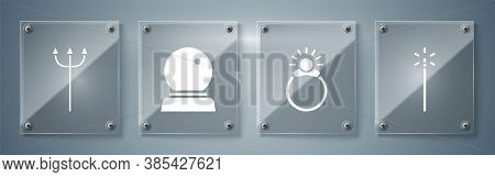 Set Magic Wand, Magic Stone Ring With Gem, Magic Ball And Neptune Trident. Square Glass Panels. Vect