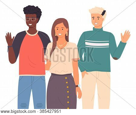 Young People Stand And Wave Their Hands. Dark-skinned Guy With Glasses And Bracelet, Long-haired Gir