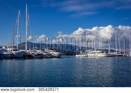 Corfu Island/greece- May 5, 2019: View Of Gouvia Port Marina - White Yachts, Sail Boats And Ships, B