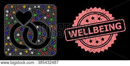 Bright Mesh Network Wedding Rings With Bright Dots, And Wellbeing Scratched Rosette Seal. Illuminate