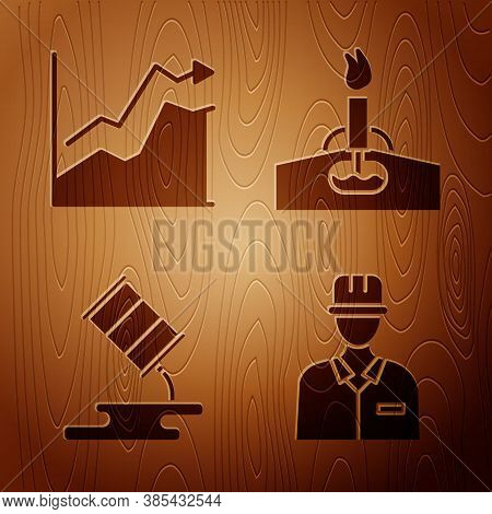 Set Oilman, Oil Price Increase, Barrel Oil Leak And Oil Rig With Fire On Wooden Background. Vector