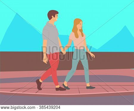 Couple Walking In A City Park. Young Guy And Girl Holding Hands Walking In Summer Alley, Romantic Wa