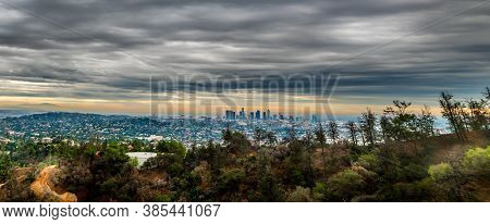 Los Angeles Under A Cloudy Sky Seen From Bronson Canyon. Southern California, Usa