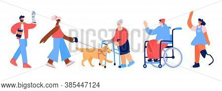 Set Of Characters With Disabilities. People With Leg And Hand Prothesis, Young Man In Wheelchair, Bl