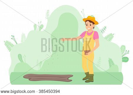 Young Woman Farmer Sows Seeds In The Ground. A Woman Works Outdoors. Plant A Crop. Self-sufficiency.
