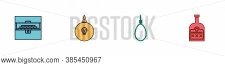 Set Antique Treasure Chest, Bomb Ready To Explode, Gallows Rope Loop Hanging And Alcohol Drink Rum B